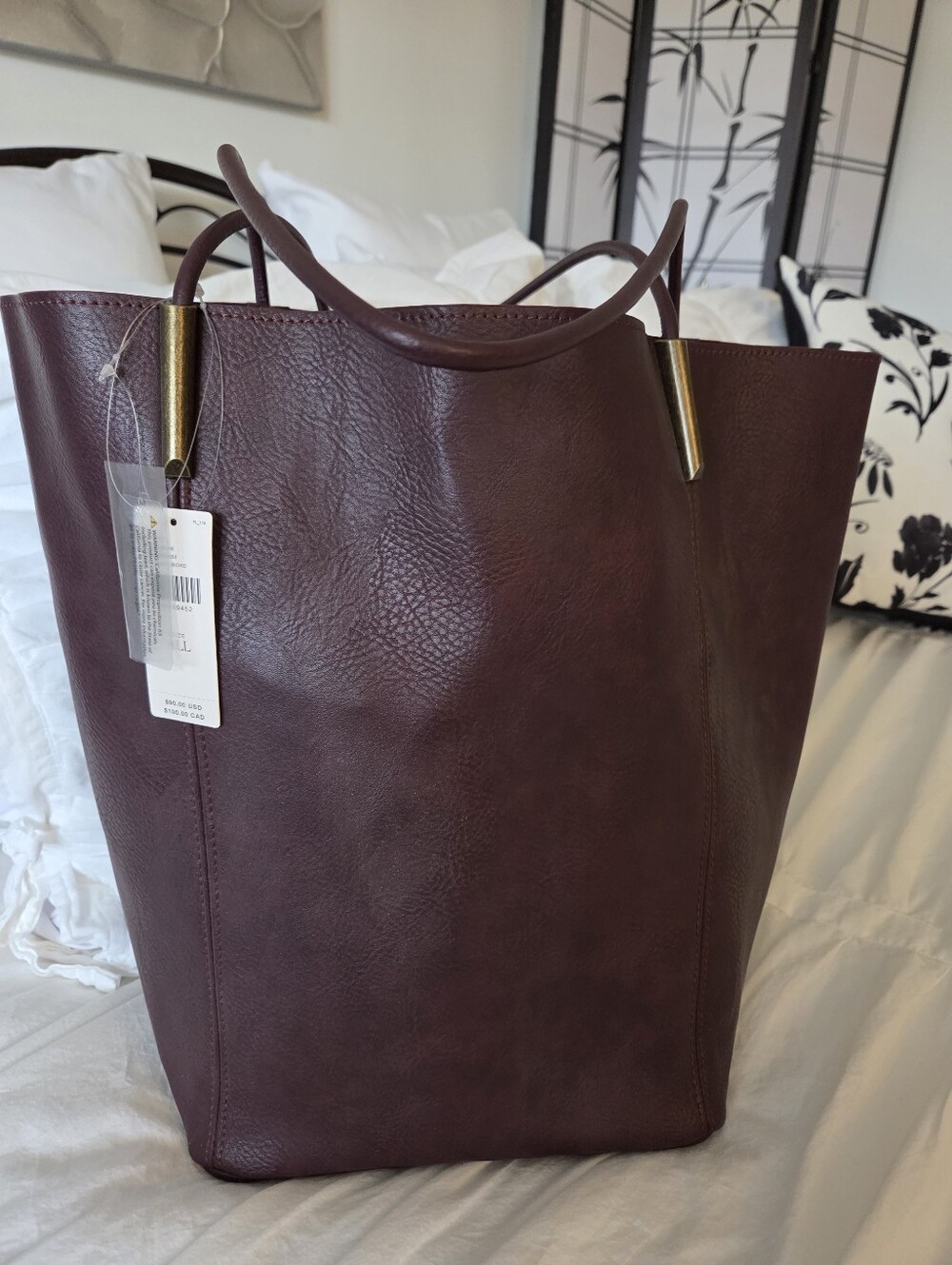 Anthropologie Burgundy Leather Tote with Gold Accents